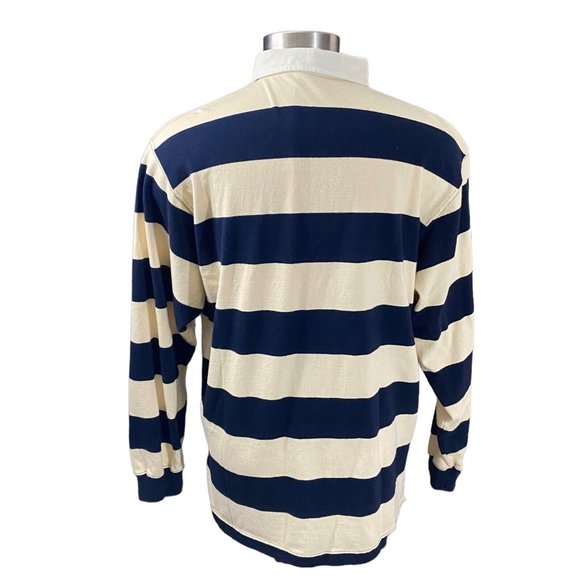 Ralph Lauren Polo Men Cream Navy Striped Red Pony Long Sleeve Rugby Polo Sz L - Picture 4 of 10
